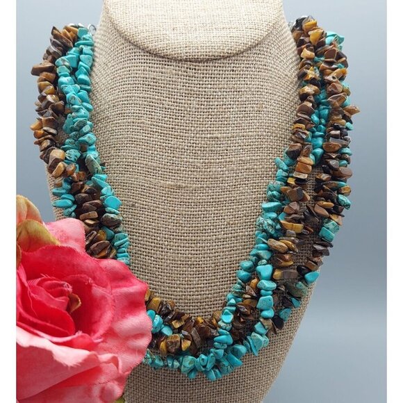 Artisan Boho Multi Strand Faux Turquoise & Tigers Eye Chip Stone Collar Necklace - Picture 2 of 7